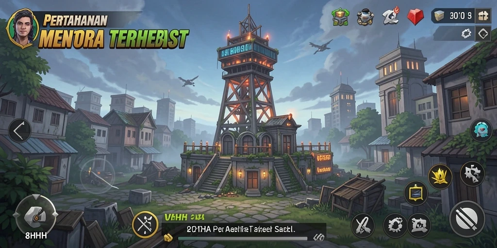 Screenshot gameplay 8HHH menampilkan aksi menara mempertahankan benteng.