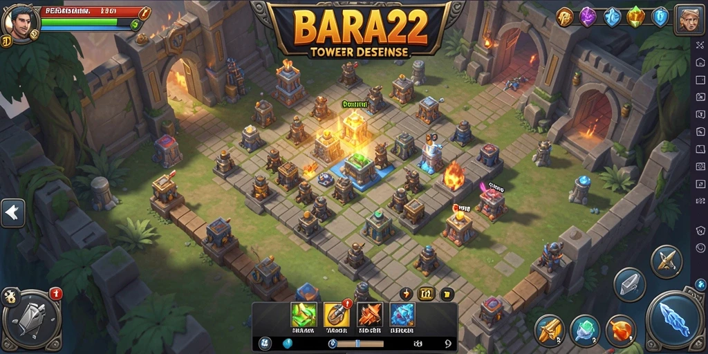 Tampilan seru dari gameplay BARA22 dengan menara yang mendebarkan.