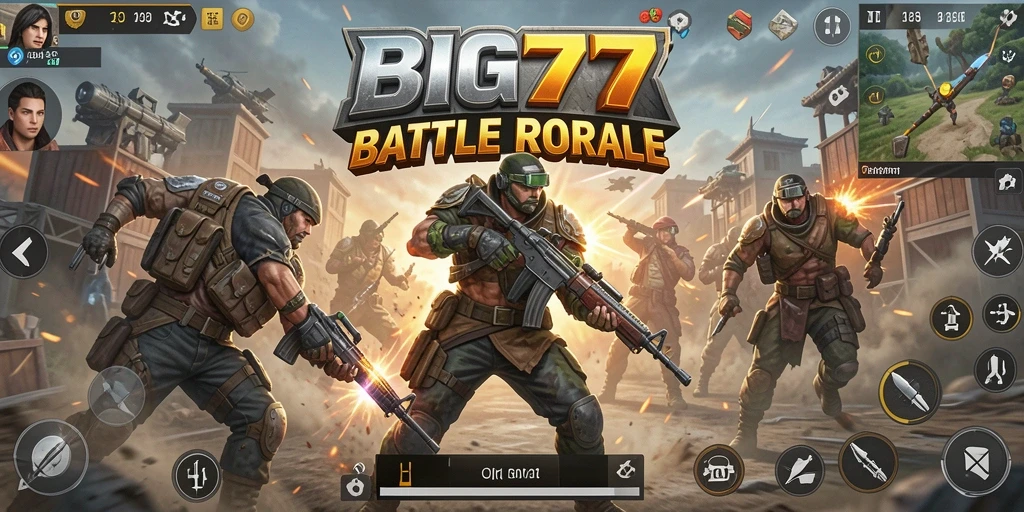 Tampilan utama gameplay BIG77 yang penuh aksi dan strategi Battle Royale.