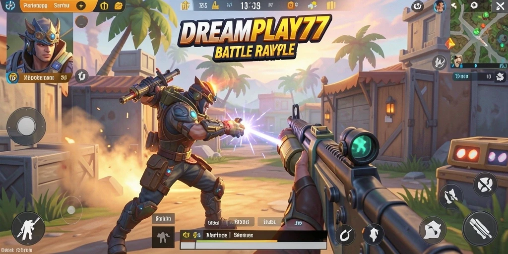 Tangkapan layar utama DREAMPLAY77 menampilkan aksi pertarungan seru di arena Battle Royale.