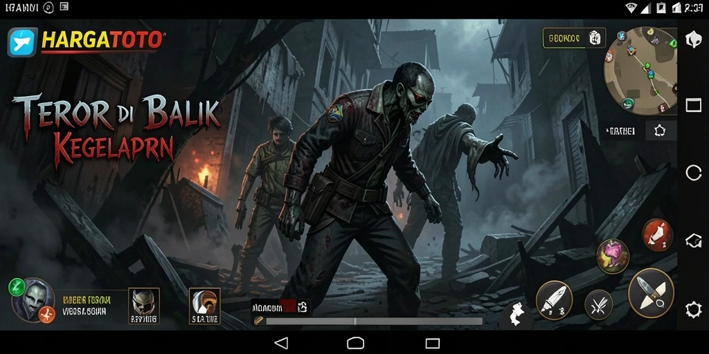 Tampilan gameplay HARGATOTO dengan atmosfer menyeramkan.