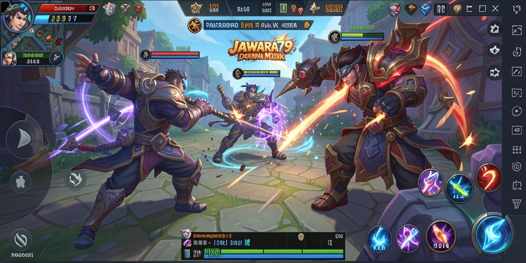 Screenshot utama JAWARA79 menampilkan pertempuran seru dalam game MOBA.