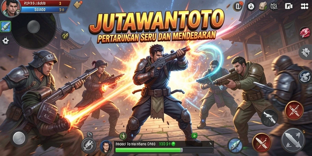 Screenshot gameplay JUTAWANTOTO menampilkan pertarungan seru antar karakter.