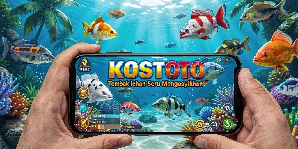 Tangkapan layar gameplay KOSTOTO menunjukkan aksi menembak ikan yang seru.