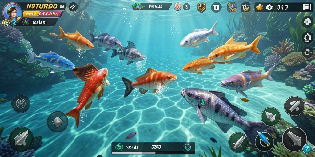 Screenshot gameplay N9TURBO yang menampilkan aksi Tembak Ikan.