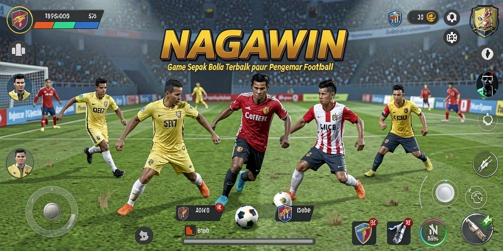 Screenshot gameplay NAGAWIN menampilkan aksi epic di lapangan sepak bola.