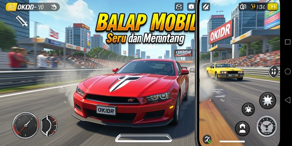 Tampilan gameplay Racing yang mendebarkan di OKIDR dengan mobil balap cepat.