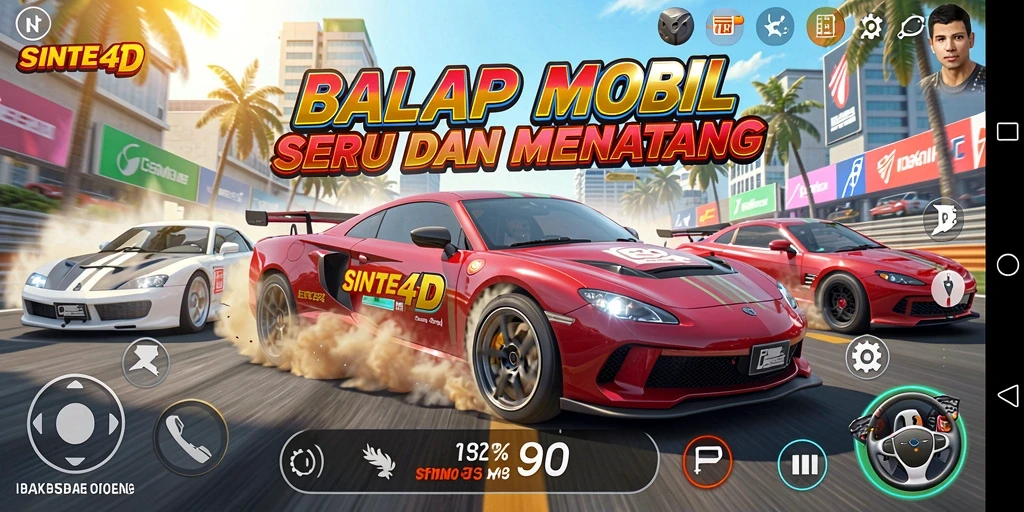 Screenshot menampilkan mobil balap meluncur cepat di lintasan yang dramatis.