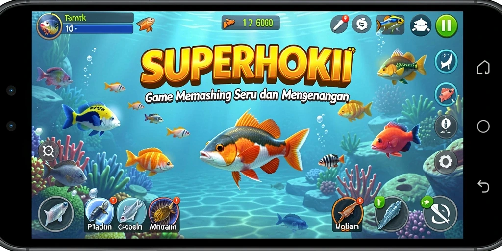 Screenshot gameplay SUPERHOKI yang menampilkan aksi memancing seru.