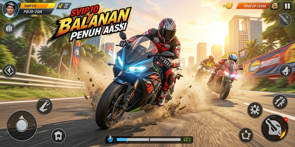 Screenshot SVIP10 menampilkan balapan motor yang mendebarkan di trek yang menantang.