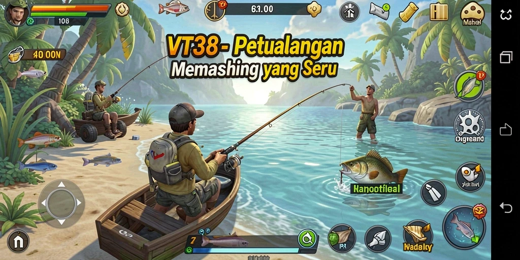 Tampilan gameplay memancing di VT38 dengan berbagai lokasi dan ikan.